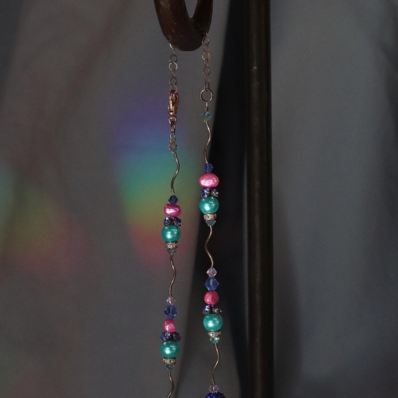 Custom Crystal Necklace with Peacock Turquoise Pink Lavender Crystals Metal Art - Picture 4 of 6